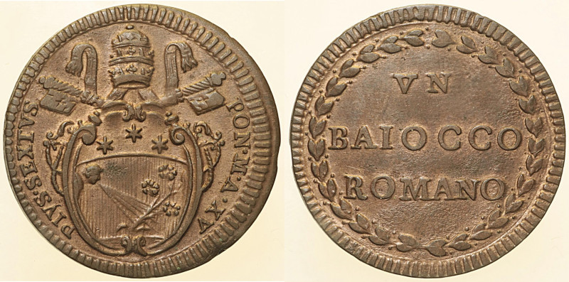 Pio VI (1775 - 1779). ROMA 1 Baiocco AN. XV Munt. 130. CU 12,6 g.

Status: BB/...