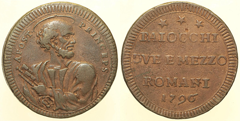 Pio VI (1775 - 1779). ROMA Sampietrino 2 Baiocchi e mezzo 1796 Munt. 99 CU 15,58...