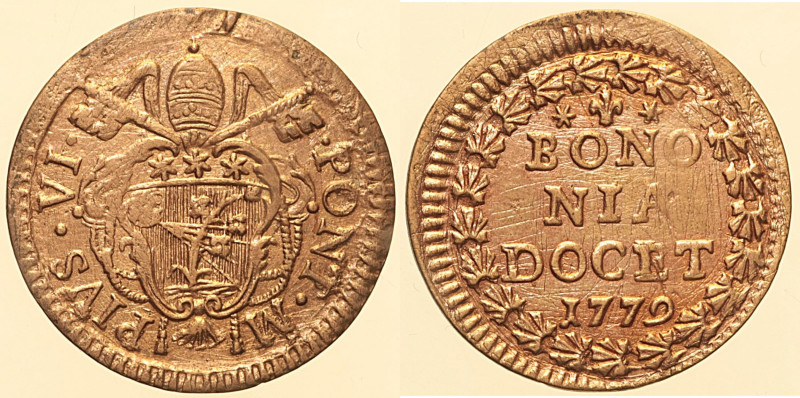 Pio VI (1775 - 1779). Bologna 1 Quattrino 1779 Munt. 287. Molto Rara CU 0,79 g....