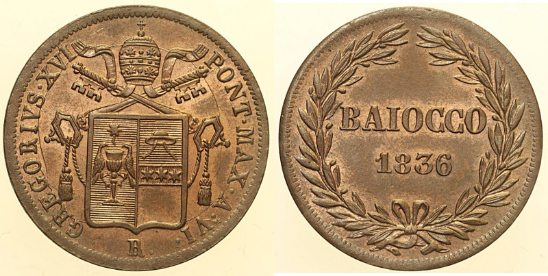Gregorio XVI (1831 - 1846). ROMA 1 Baiocco 1836 Pag 264. Rame rosso CU 10,47.
...