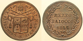Gregorio XVI (1831 - 1846). ROMA Mezzo Baiocco 1844 Pag 227a. Variante numero 4 ribattuto sul 3. Rame rosso CU 4,82.