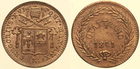 Gregorio XVI (1831 - 1846). ROMA Quattrino 1841 Pag 296. Rame Rosso. CU 1,85.