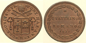 Gregorio XVI (1831 - 1846). ROMA Quattrino 1831 Munt. 20 . Entrmbi i numeri 1 rovesciati, rame rosso. CU 2,23.