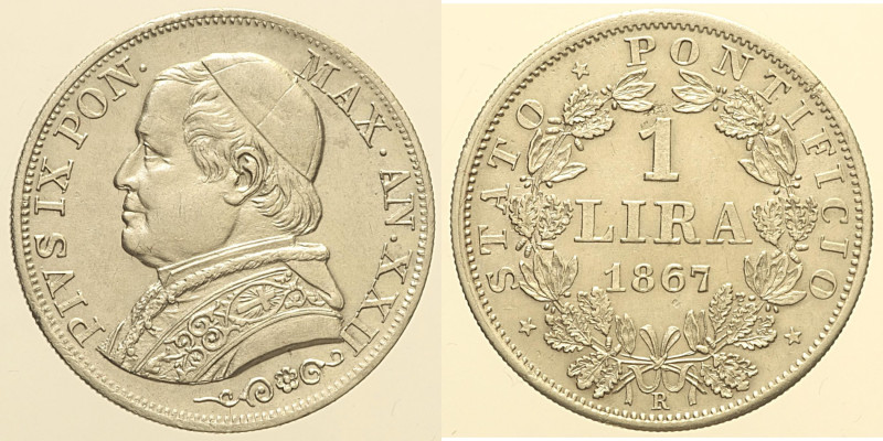 Pio IX (1846 - 1870). ROMA 1 Lira 1867 AN XXII Pag. 569 . AG 4,96

Status: qSP...