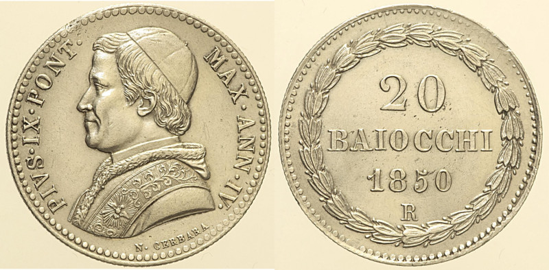 Pio IX (1846 - 1870). ROMA 20 Baiocchi AN IV 1850 Pag. 407 Pulito AG 5,38

Sta...