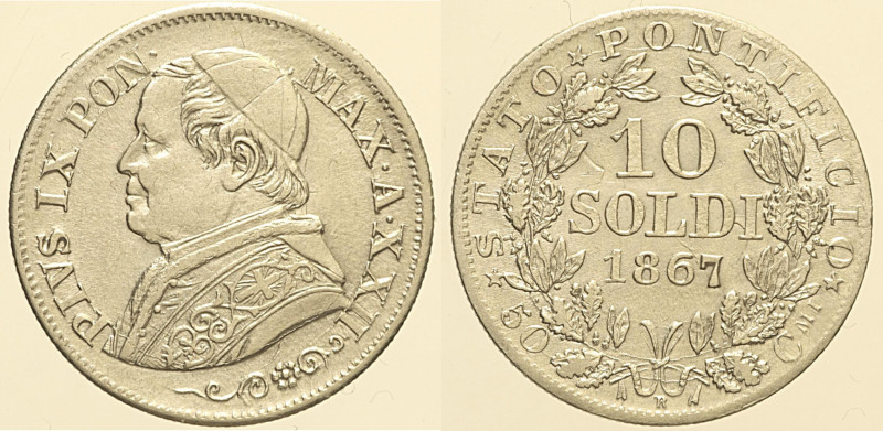 Pio IX (1846 - 1870). ROMA 10 Soldi AN XXII 1867 Pag. 579 AG 2,47

Status: BB+