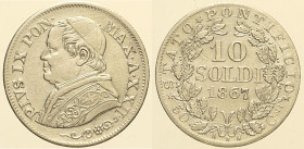 Pio IX (1846 - 1870). ROMA 10 Soldi AN XXII 1867 Pag. 579 AG 2,47