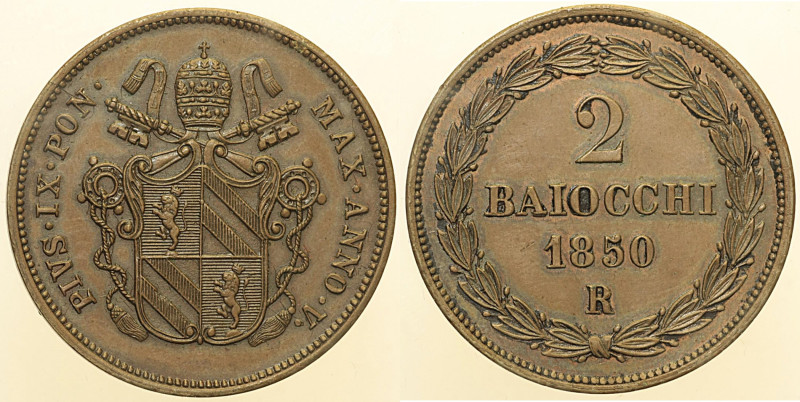 Pio IX (1846 - 1870). ROMA 2 Baiocchi AN V 1850 Pag. 477 CU 20,46.

Status: BB...