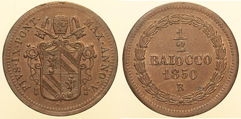 Pio IX (1846 - 1870). ROMA Mezzo Baiocco AN V 1850 Pag. 511 CU 4,71

Status: S...