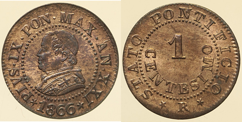 Pio IX (1846 - 1870). Roma 1 Centesimo AN XXI 1866 Pag. 608 CU. 0,99

Status: ...