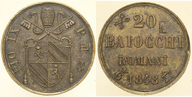 Pio IX (1846 - 1870). GAETA 20 Baiocchi 1848 Mont. 69c Rarissimo, mancanza ore 3 al bordo CU. 5,25