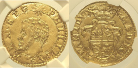 MILANO - Ducato di Milano, Filippo II di Spagna (1556-1598) Scudo d'oro FR 718 RR - AU Oro Gold gr. 3,31. Conservazione eccezionale.  In Slab NGC MS 6...