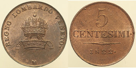 MILANO - Regno Lombardo Veneto - Francesco I d'Asburgo Lorena (1815-1835) 5 Centesimi 1822 Gig. 89 Cu gr. 8,85 Rame rosso