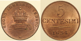 MILANO - Regno Lombardo Veneto - Francesco I d'Asburgo Lorena (1815-1835) 5 Centesimi 1834 Gig. 92 NC Cu gr. 8,60 Rame rosso. Conservazione eccezional...