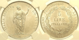 MILANO - Governo provvisorio di Lombardia (1848) 5 Lire 1848 Gig. 3 AG In Slab NGC MS 62. Il grado attribuito ci sembra basso.
