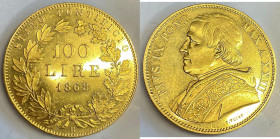 ROMA - Stato Pontificio - Pio IX (1846-1870) - 100 Lire 1868 Gig. 258 RRR AU Oro Gold gr. 32,24. Solo 440 pezzi coniati.  Ottimo esemplare.