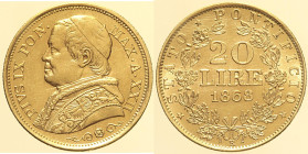 ROMA - Stato Pontificio - Pio IX (1846-1870) 20 Lire 1868 XXII Roma, Gig. 269, AU Oro Gold gr. 6,43