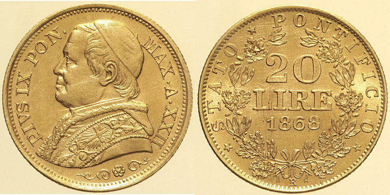 ROMA - Stato Pontificio - Pio IX (1846-1870) 20 Lire 1868 XXII Roma, Gig. 269, A...