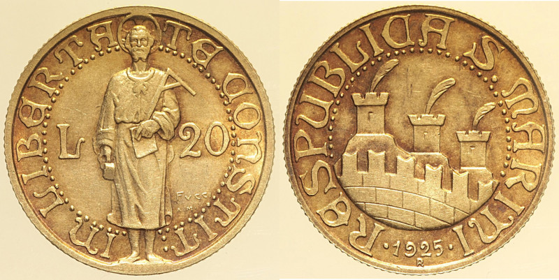 SAN MARINO - VECCHIA MONETAZIONE (1864-1938) 20 Lire 1925 Roma, Gig. 1 RR AU Oro...