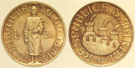 SAN MARINO - VECCHIA MONETAZIONE (1864-1938) 20 Lire 1925 Roma, Gig. 1 RR  AU Oro Gold gr. 6,44
