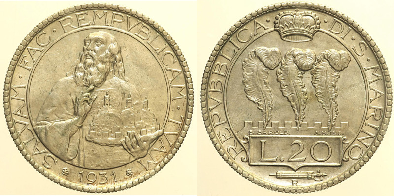 SAN MARINO - VECCHIA MONETAZIONE (1864-1938) 20 Lire 1931 Roma, Gig. 2, AG gr. 1...