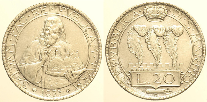 SAN MARINO - VECCHIA MONETAZIONE (1864-1938) 20 Lire 1933 Roma, Gig. 4, AG gr. 1...