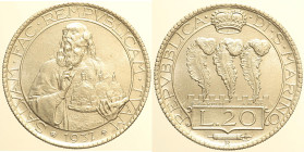 SAN MARINO - VECCHIA MONETAZIONE (1864-1938) 20 Lire 1937 Roma, Gig. 7 , R,  AG gr. 15.