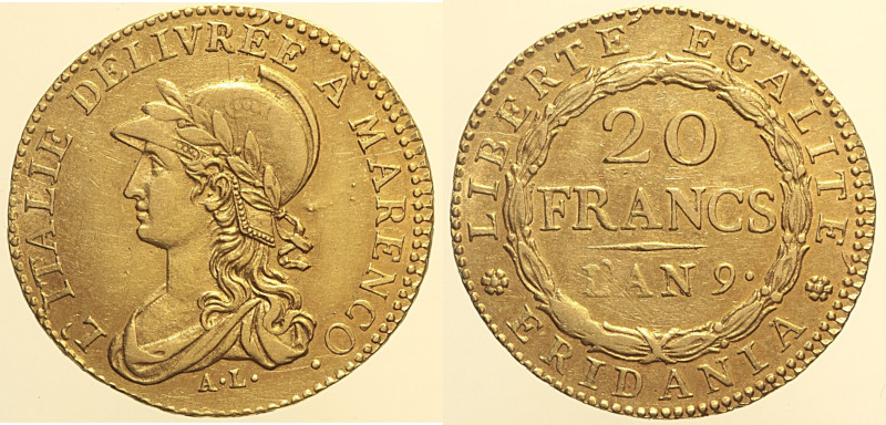 TORINO- REPUBBLICA SUBALPINA (1800-1802) 20 Franchi l'an 9 Gig. 1a R AU Oro Gold...