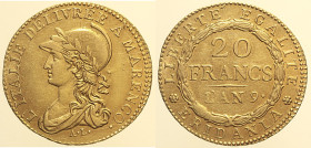 TORINO- REPUBBLICA SUBALPINA (1800-1802) 20 Franchi l'an 9  Gig. 1a  R  AU Oro Gold gr. 6,42 metallo lucente