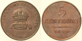 VENEZIA - Regno Lombardo Veneto - Ferdinando I d'Asburgo Lorena (1835-1848) - 5 Centesimi 1843 V Gig. 95 CU gr. 8,43 graffi superficiali al rov Rame r...