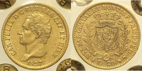 REGNO DI SARDEGNA - CARLO FELICE (1821-1831) 20 lire 1827 Torino Gig. 28 AU Oro Gold Periziata SPL da Lucio Raponi