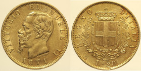 REGNO D’ITALIA - VITTORIO EMANUELE II (1861-1878) - 20 lire 1871 Roma - Gig. 16  R AU Oro Gold gr. 6,43 colpetti al bordo