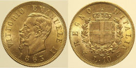 REGNO D’ITALIA - VITTORIO EMANUELE II (1861-1878) - 10 lire 1863 Torino - Gig. 27 Au ø18,50mm   AU Oro Gold gr. 3,22  Pieno lustro di conio