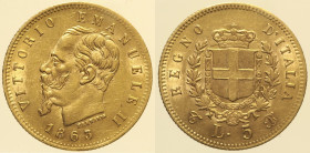 REGNO D’ITALIA - VITTORIO EMANUELE II (1861-1878) - 5 lire 1863 Torino - Gig. 29 AU Oro Gold gr. 1,60