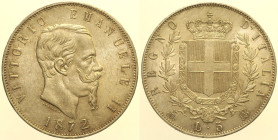 REGNO D’ITALIA - VITTORIO EMANUELE II (1861-1878) - 5 lire 1872 Milano - Gig. 44 AG gr. 25,04