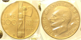 REGNO D’ITALIA - VITTORIO EMANUELE III (1900-1943) 100 Lire 1923 Roma "Fascione" Gig 7 R AU Oro Gold Periziata da Loris Zanirato qFDC