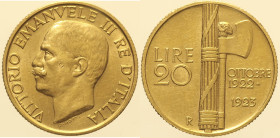 REGNO D’ITALIA - VITTORIO EMANUELE III (1861-1878) 20 Lire 1923 Roma "Fascetto" AU Oro Gold Gig. 34  R microcolpetti al bordo