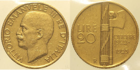 REGNO D’ITALIA - VITTORIO EMANUELE III (1861-1878) 20 Lire 1923 Roma "Fascetto" AU Oro Gold Gig. 34  R Periziata Paolo Noris BB