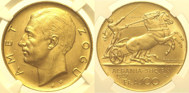 ALBANIA - Ahmet Bey Zogu (1925-1939),100 Franga Ari 1927 PROVA due stelle sotto ...