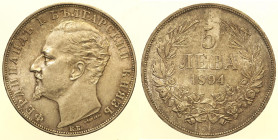 BULGARIA - Ferdinando I Zar di Bulgaria, (1887-1918) 5 Leva 1894 - KM#18 AG gr. 24,98 Splendida patina di monetiere