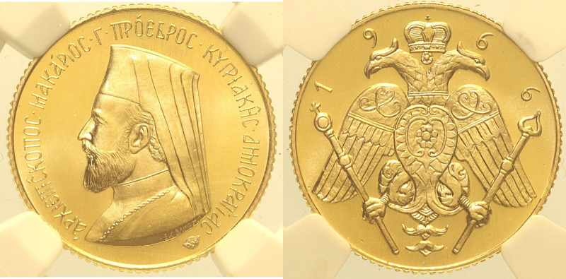 CIPRO Makarios III (1960-1977) Sovereign 1966 Fr. 6 AU Oro Gold In Slab NGC PF 6...