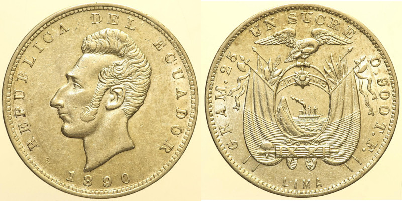 ECUADOR - Repubblica (dal 1830) - 5 Sucre 1890 Lima T.F. KM#53.3 R AG gr. 24,89...