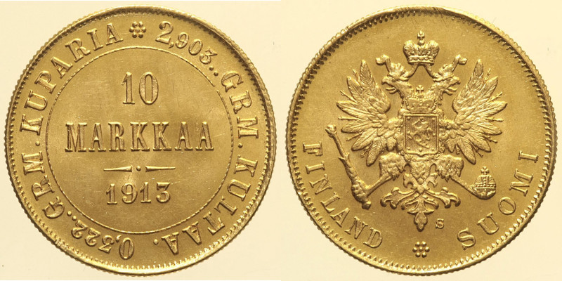 FINLANDIA - 10 Markkaa 1913 - Fr. 6 R AU Oro Gold gr. 3,22

Status: FDC
