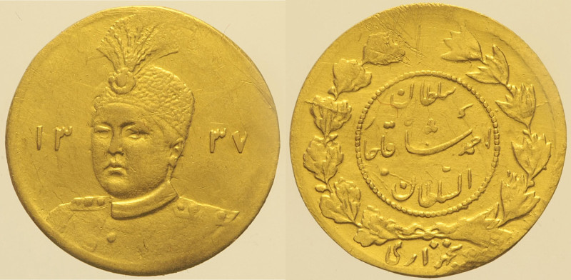 IRAN - Sultan Ahmad Shah (1909-1925) 1/2 Toman (5000 Dinars)Fr 85 AU Oro Gold gr...