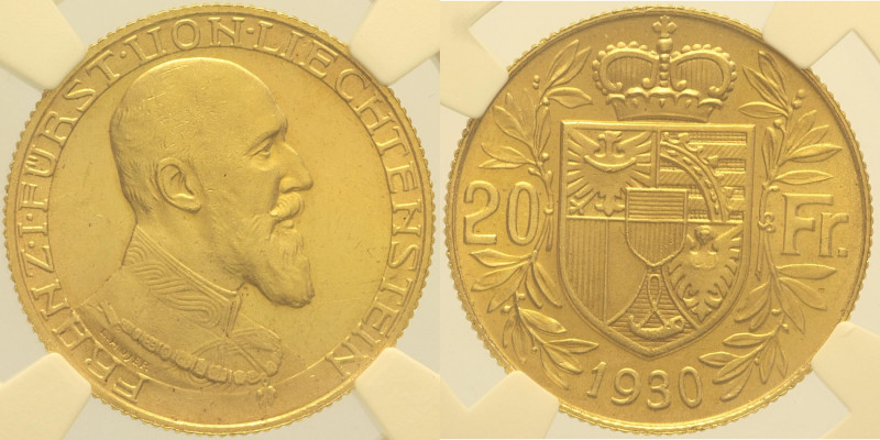 LIECHTENSTEIN Franz I (1929-1938) - 20 Francs 1930 Berna Fr. 15 AU Oro Gold In S...