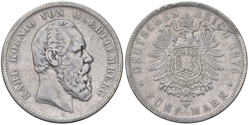 ESTERE - GERMANIA - WURTTEMBERG - Carlo I (1864-1891) - 5 Marchi 1876 F Kr. 216 ...