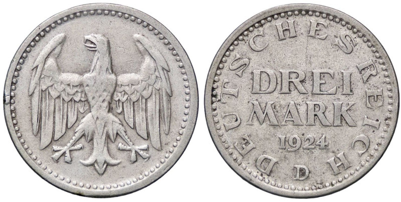 ESTERE - GERMANIA - Repubblica di Weimar (1919-1933) - 3 Marchi 1924 D Kr. 43 AG...