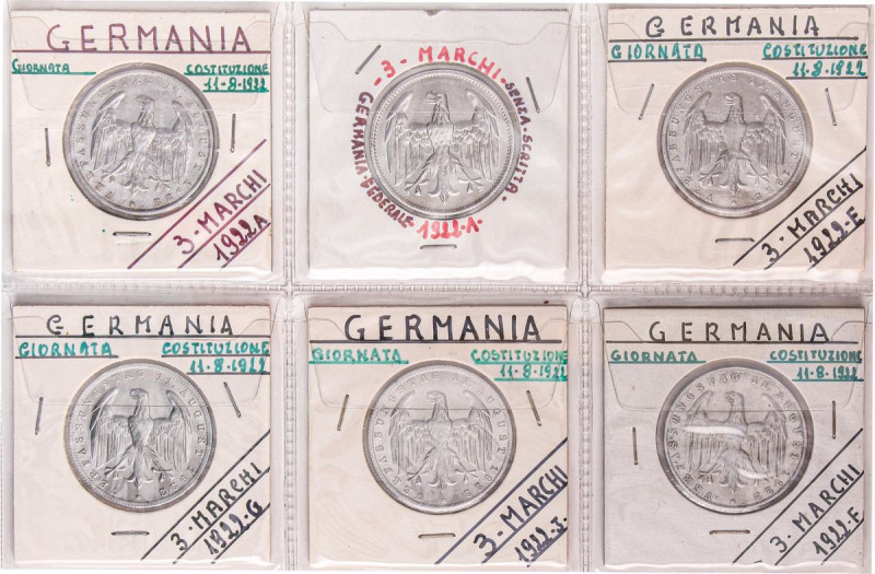 ESTERE - GERMANIA - Repubblica di Weimar (1919-1933) - 3 Marchi 1922 A E F G J e...