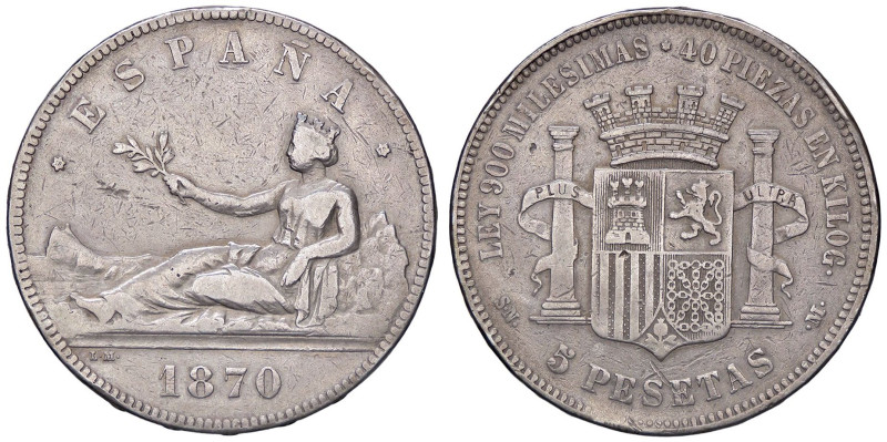 ESTERE - SPAGNA - Governo Provvisorio (1868-1871) - 5 Pesetas 1870 Kr. 655 AG Si...