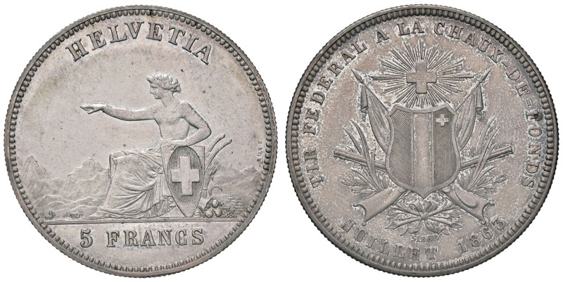 ESTERE - SVIZZERA - Tiri Federali - 5 Franchi 1863 - Neuchâtel Kr. S7 R AG Colpe...